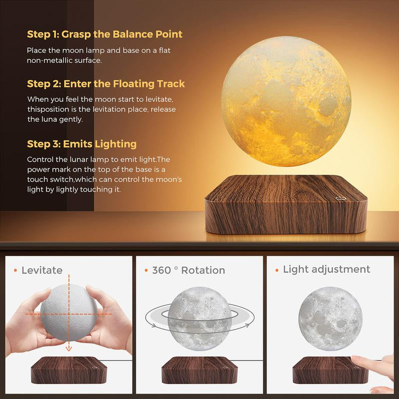 Magnetic Levitating Moon Lamp, 360° Rotating Night Light, 3 Modes, Warm/Cool White & RGB, Wireless 5W LED, Home Desk Decor, Unique Bedroom Lamp, Cool Tech Gift, Holiday Present